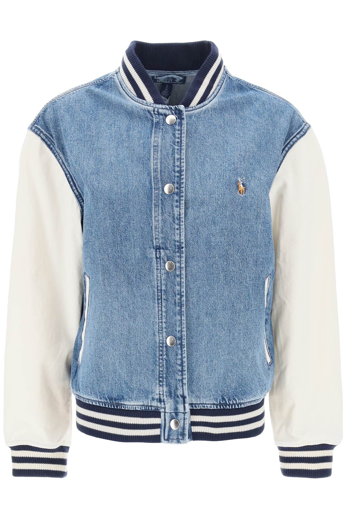 Shop Polo Ralph Lauren Denim Bomber Jacket With Flag And Logo Design In Blue