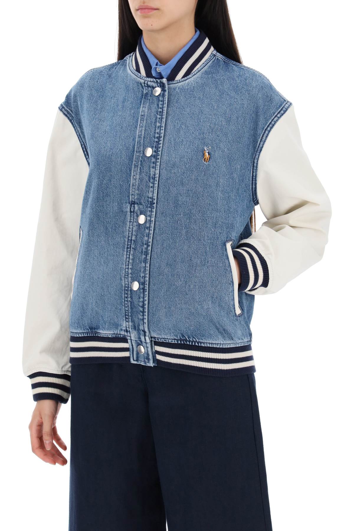 Shop Polo Ralph Lauren Denim Bomber Jacket With Flag And Logo Design In Blue