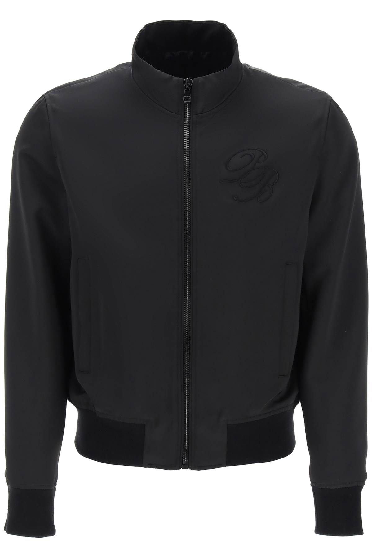 Shop Balmain Technical Satin Bomber Jacket With Embroidered Logo. In Black