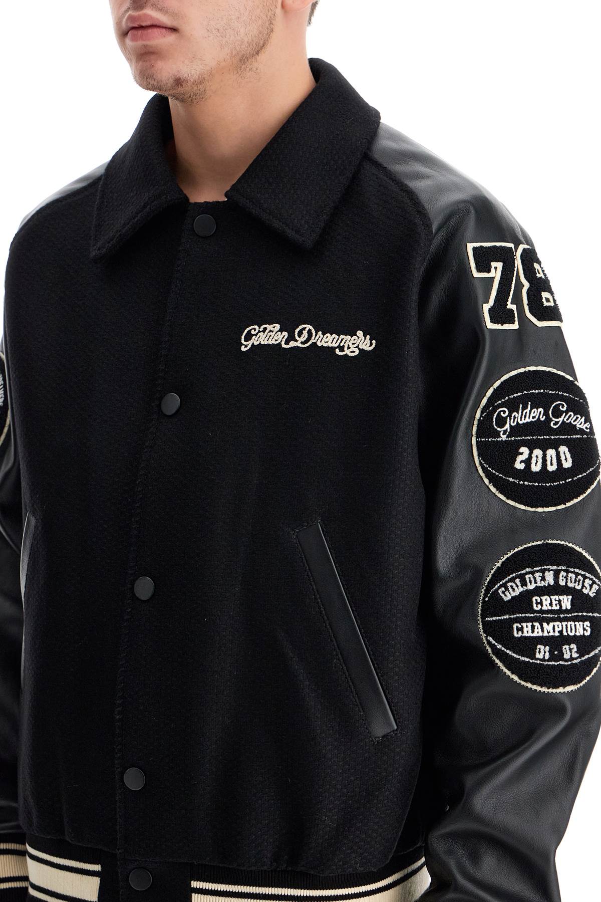 Shop Golden Goose Wool Bomber Jacket With Patch Details In Black