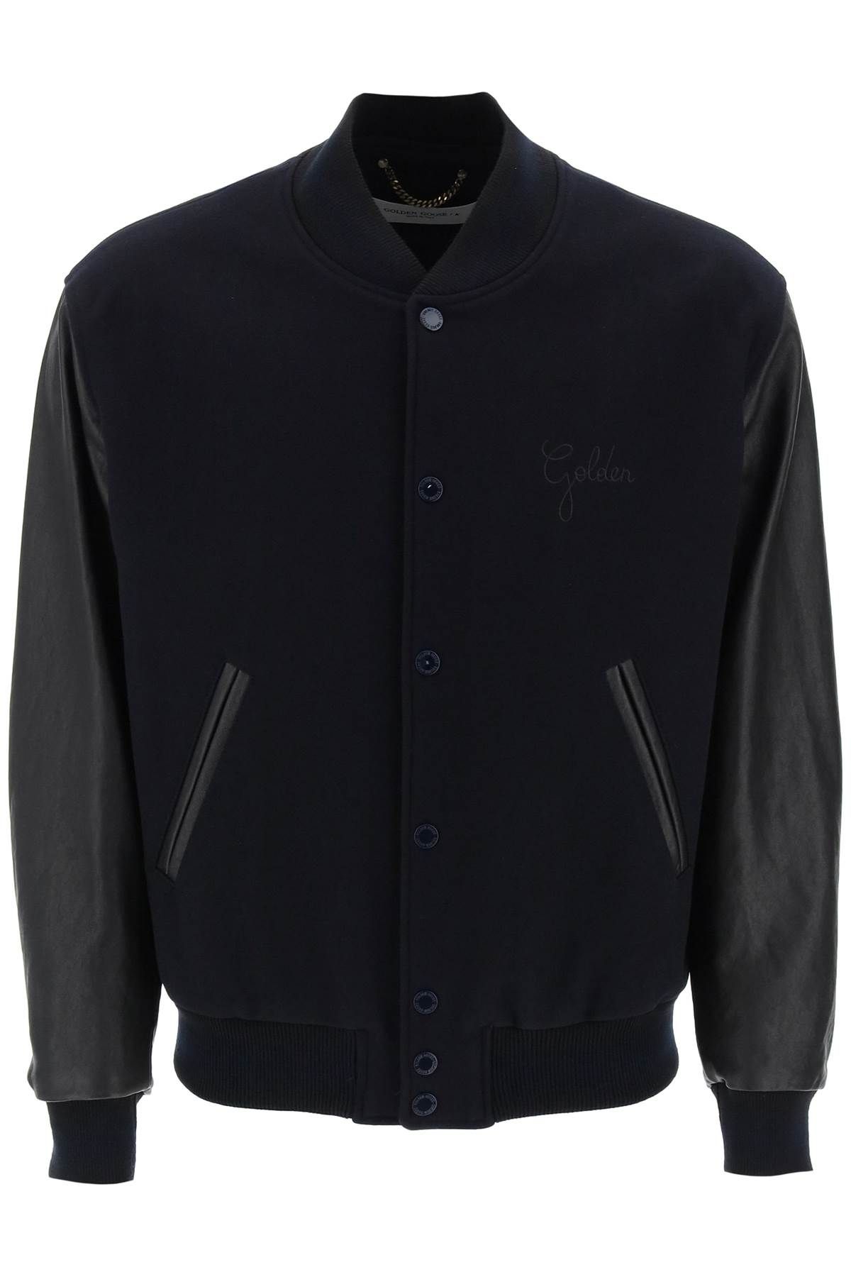 Shop Golden Goose Aleandro Bomber Jacket With Leather Sleeves In Blue,black
