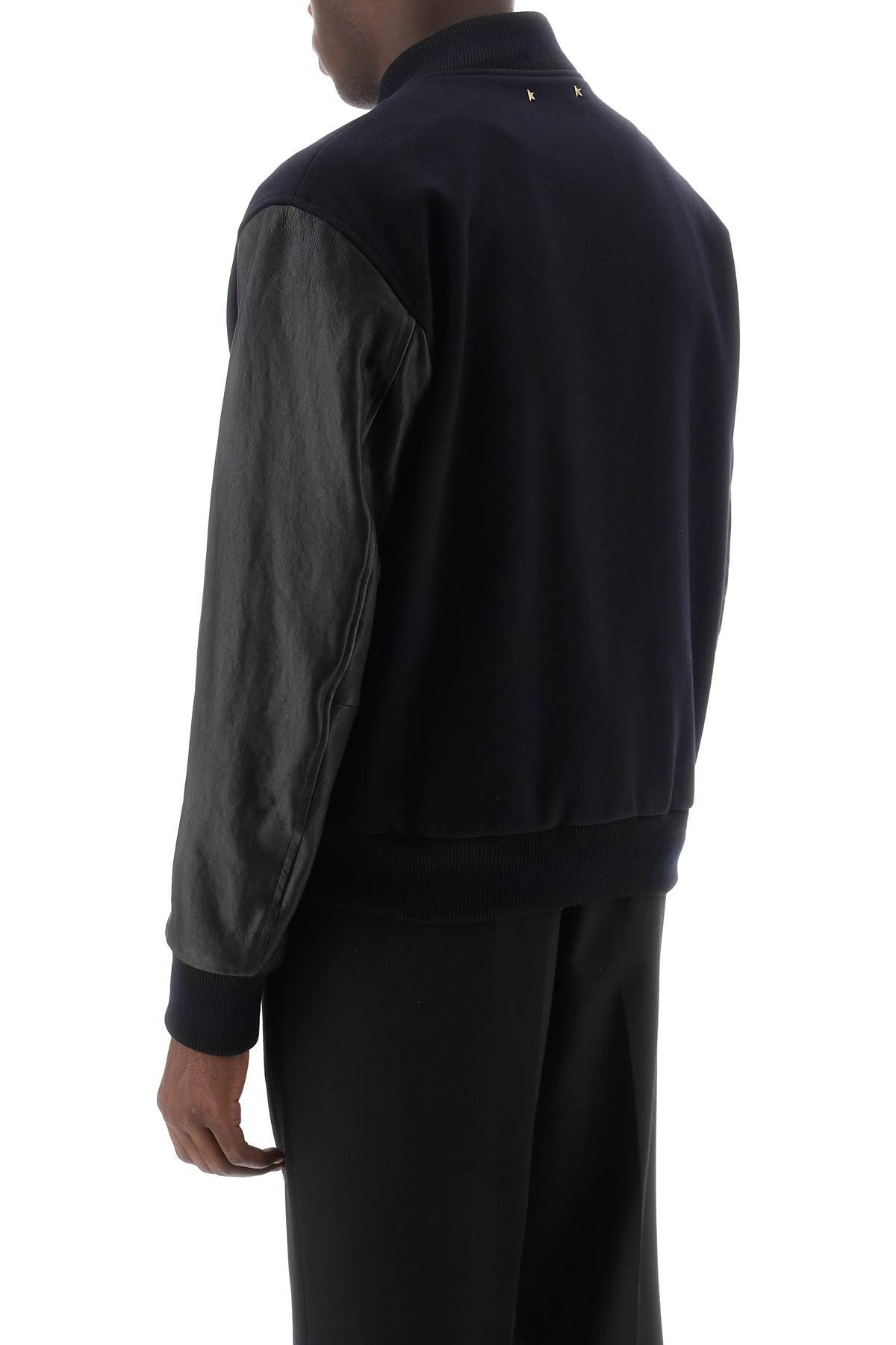 Shop Golden Goose Aleandro Bomber Jacket With Leather Sleeves In Blue,black