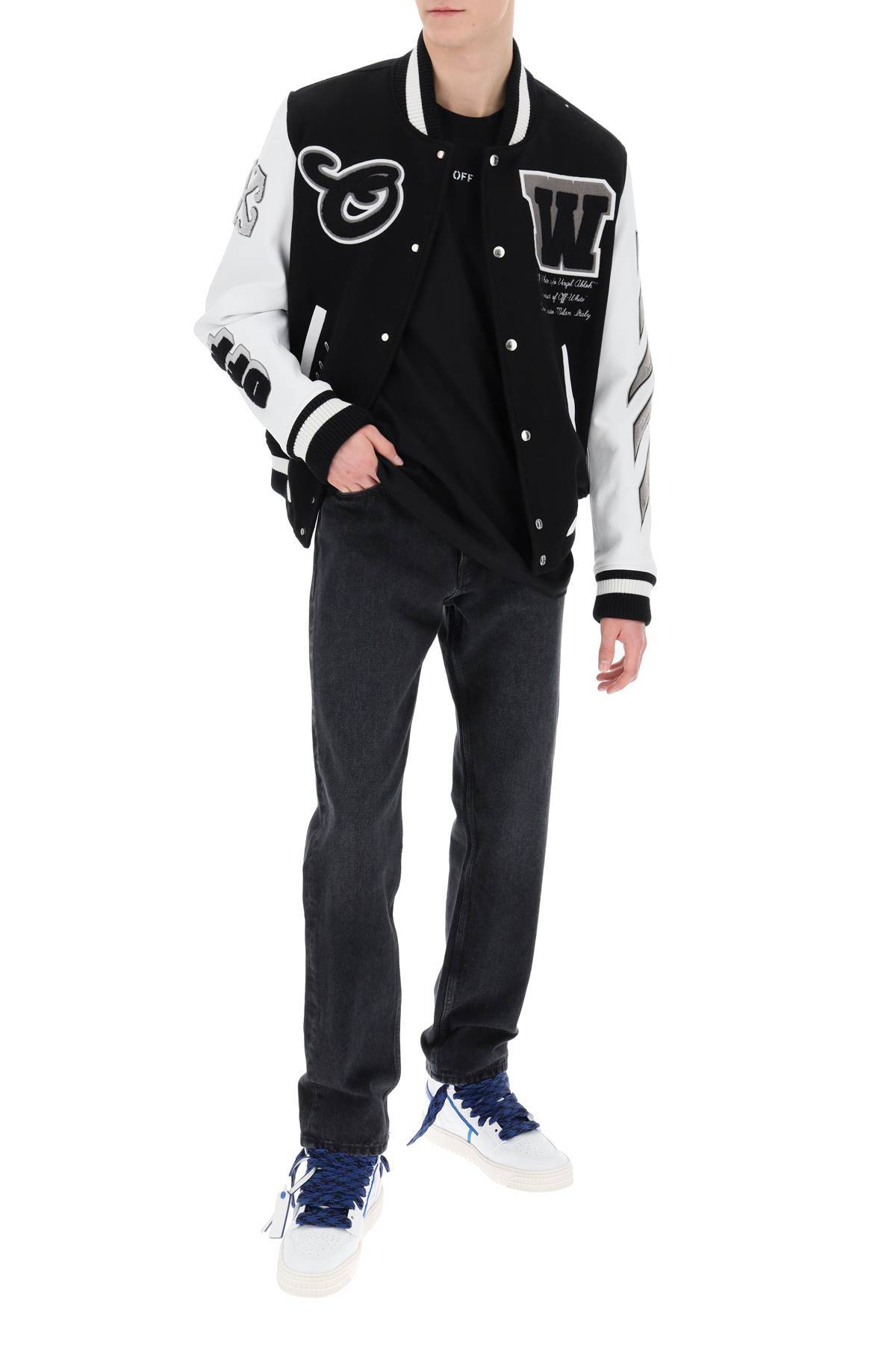 Shop Off-white Lea Varsity Bomber Jacket In White,black
