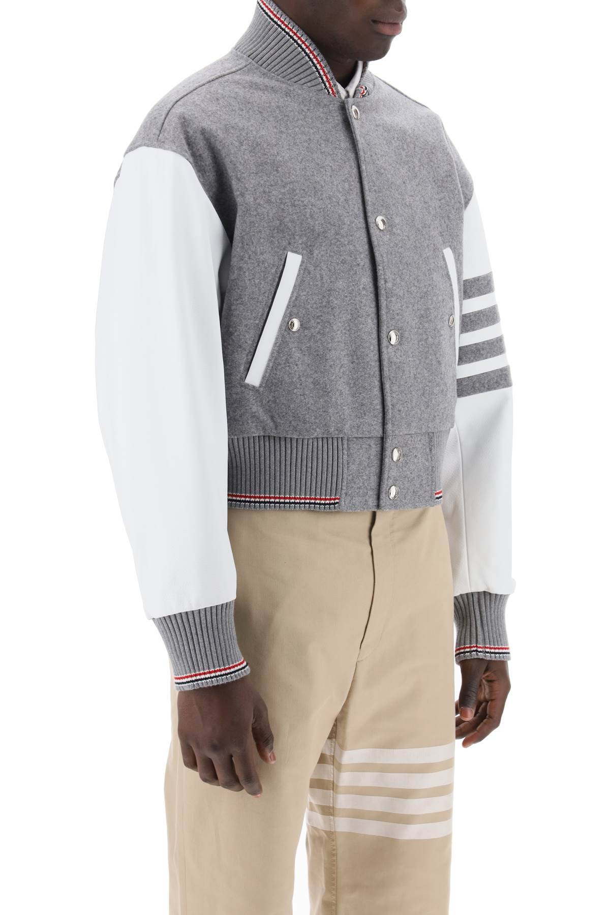 Shop Thom Browne Wool Bomber Jacket With Leather Sleeves And In Grey