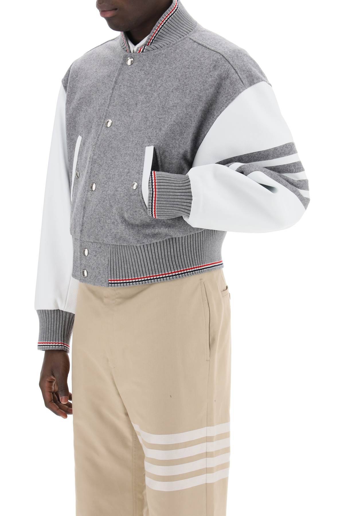 Shop Thom Browne Wool Bomber Jacket With Leather Sleeves And In Grey