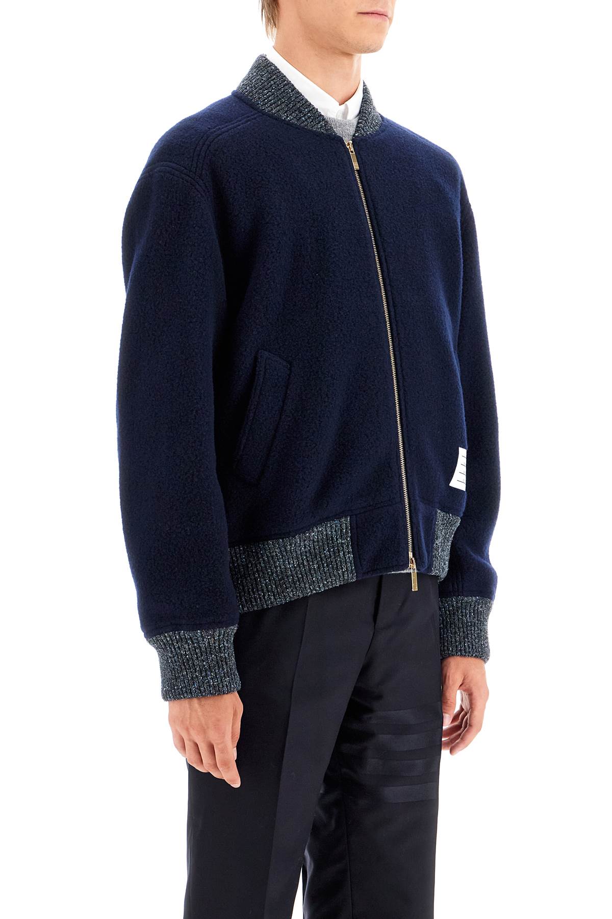 Shop Thom Browne Woolen Fleece Bomber Jacket In Blue