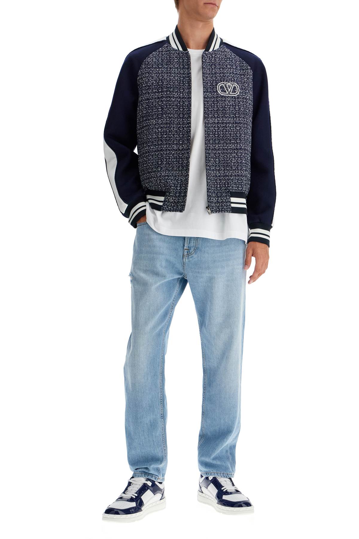 Shop Valentino Tweed Bomber Jacket For In Blue