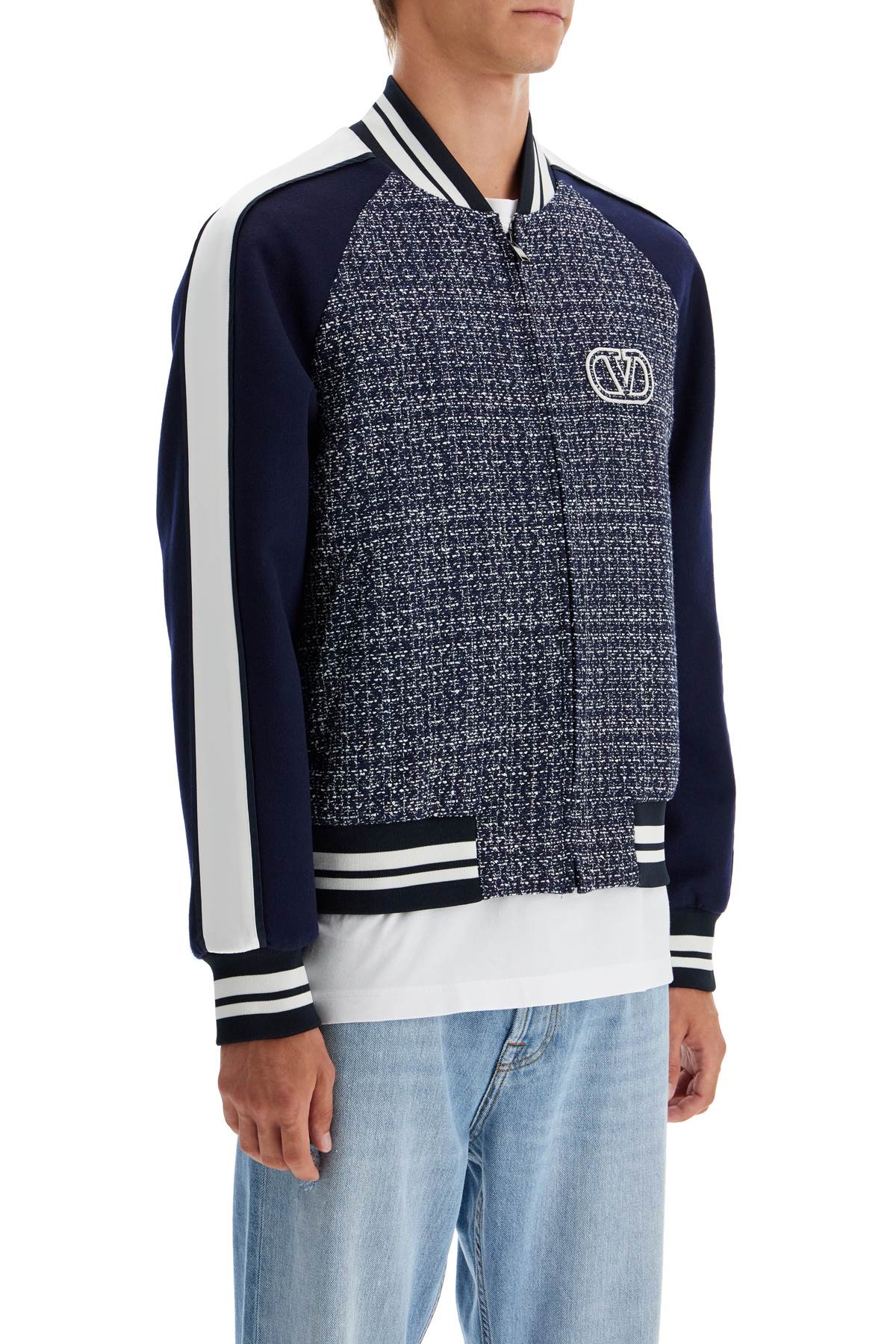 Shop Valentino Tweed Bomber Jacket For In Blue