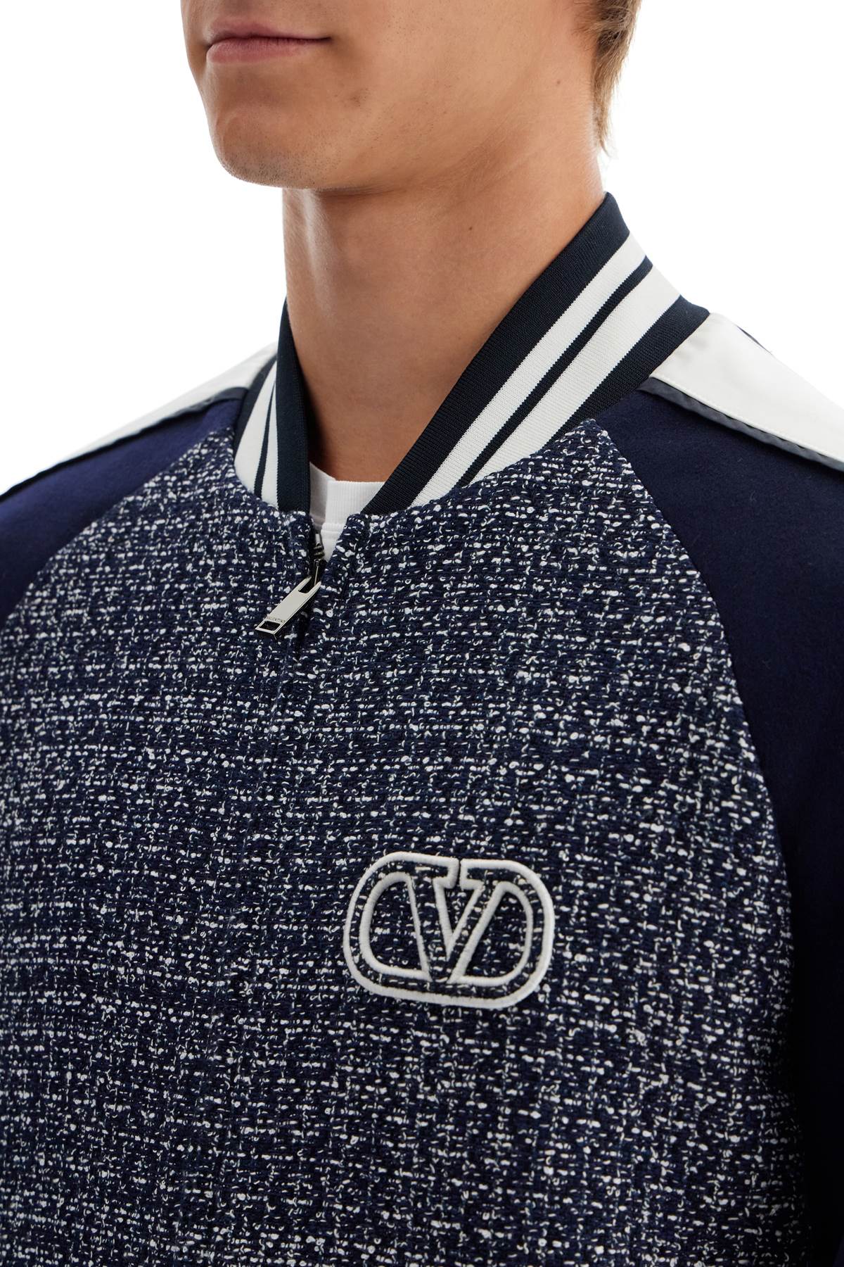 Shop Valentino Tweed Bomber Jacket For In Blue