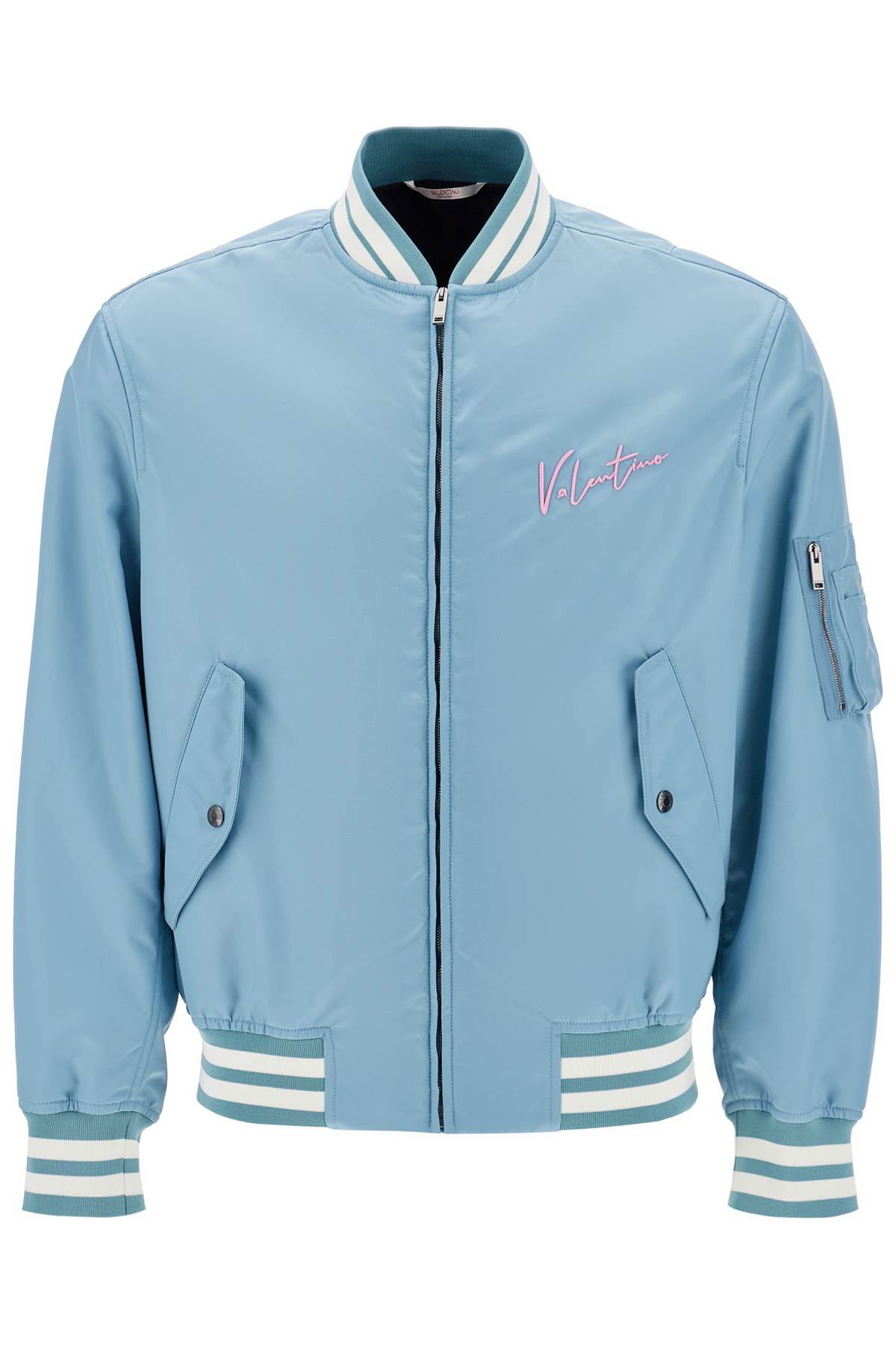 Shop Valentino Nylon Bomber Jacket With Embroidery And Print. In Light Blue