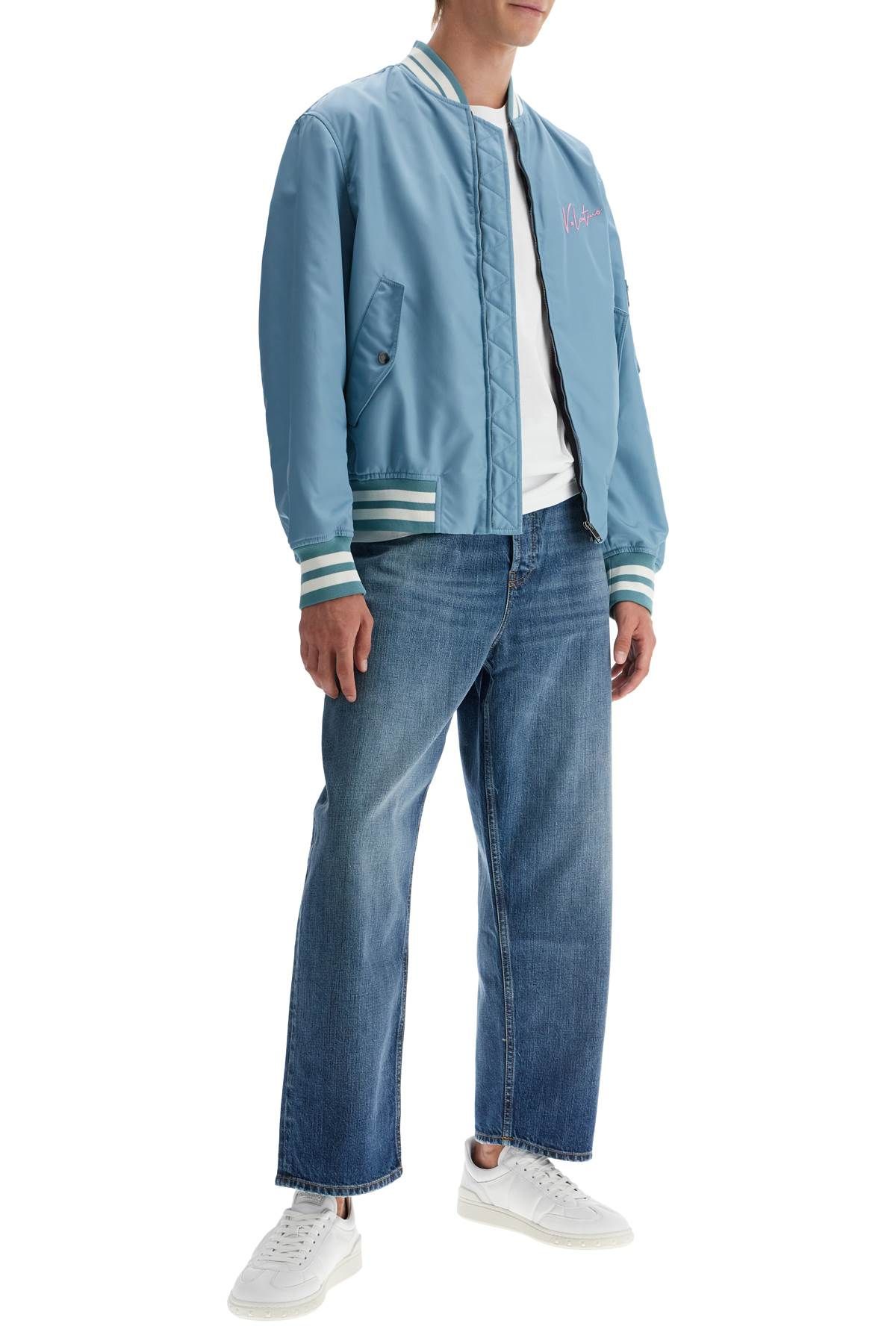 Shop Valentino Nylon Bomber Jacket With Embroidery And Print. In Light Blue