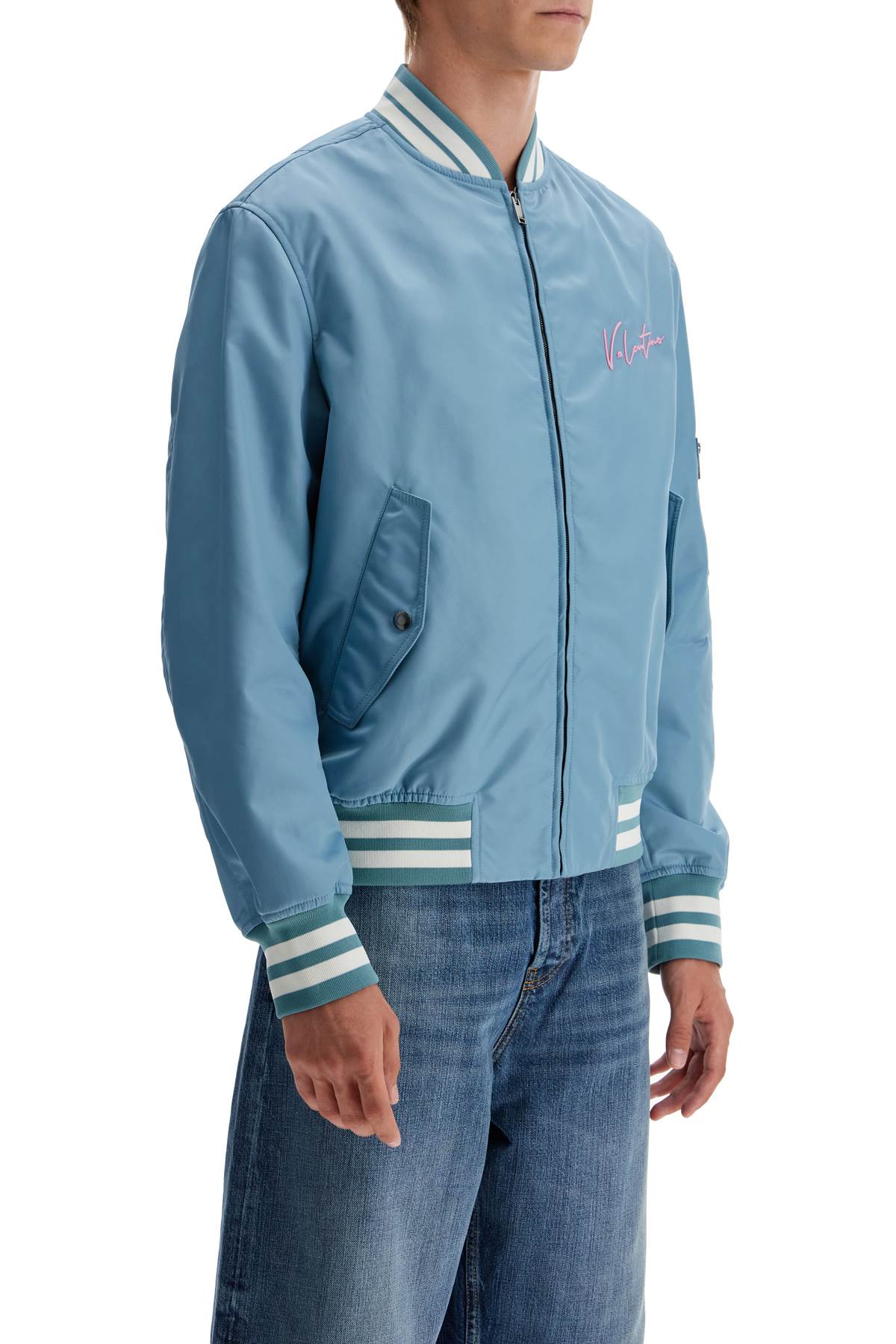 Shop Valentino Nylon Bomber Jacket With Embroidery And Print. In Light Blue