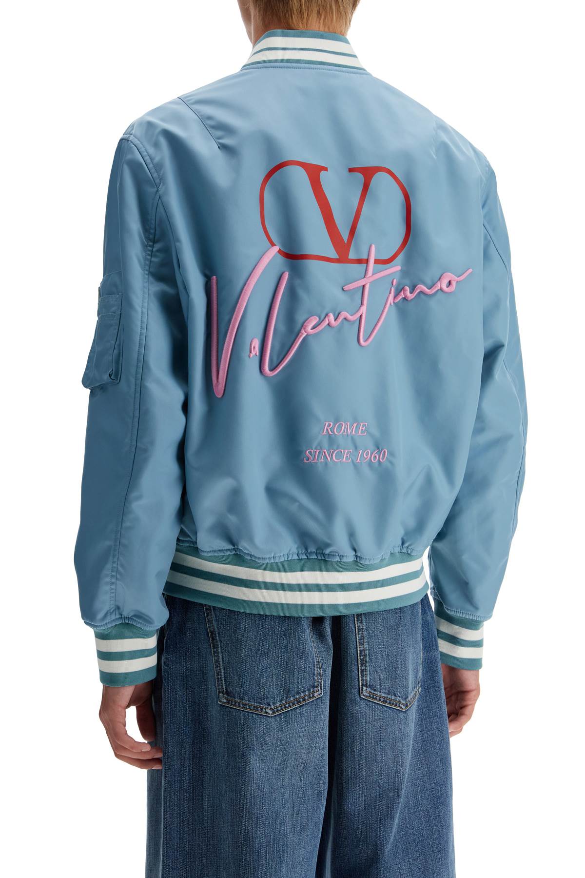 Shop Valentino Nylon Bomber Jacket With Embroidery And Print. In Light Blue