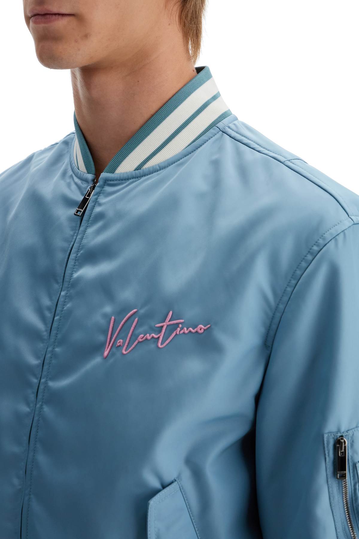 Shop Valentino Nylon Bomber Jacket With Embroidery And Print. In Light Blue