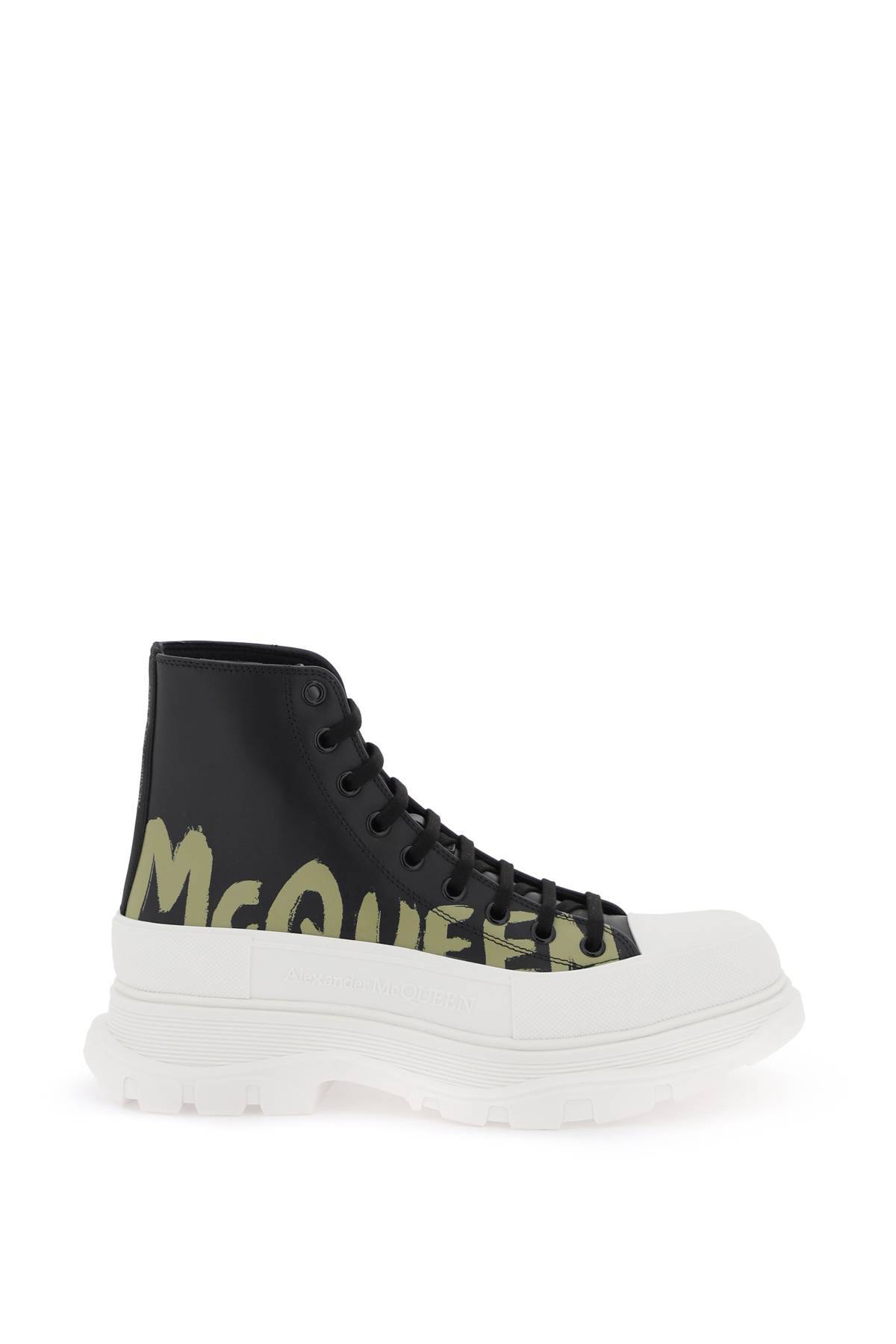 Shop Alexander Mcqueen 'tread Slick Graffiti' Ankle Boots In Khaki,black