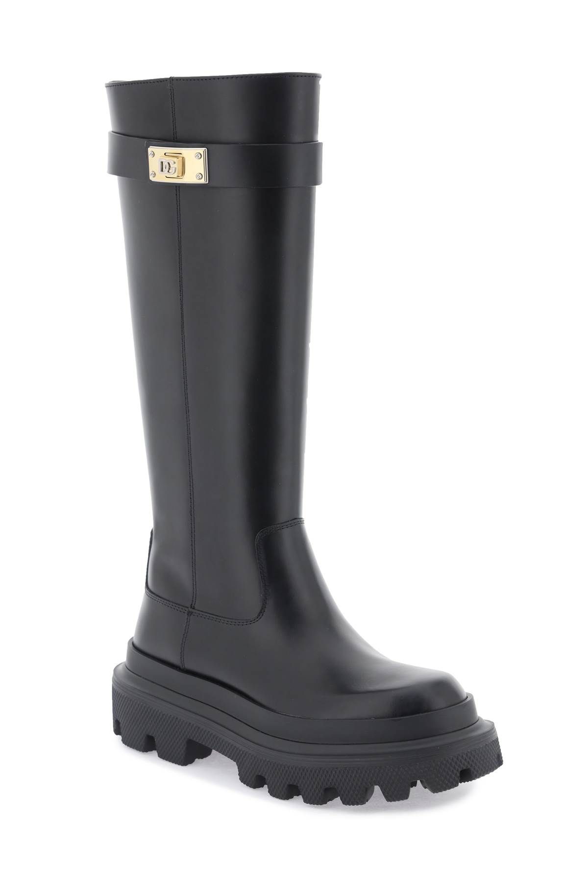 Shop Dolce & Gabbana Leather Boots With Logoed Plaquee In Black