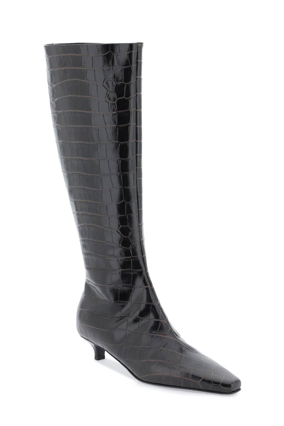 Shop Totême The Slim Knee-high Boots In Crocodile-effect Leather In Brown