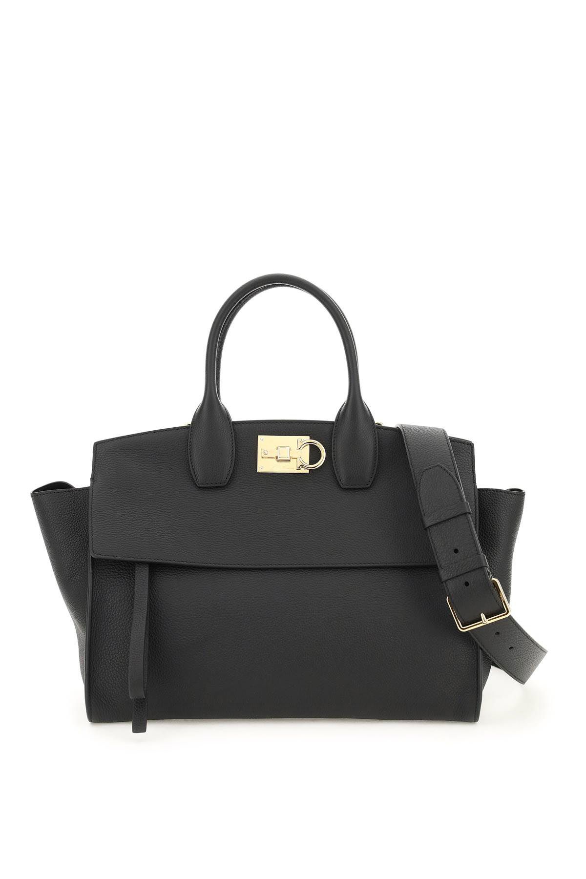 Ferragamo Grained Leather Studio Bag In Black