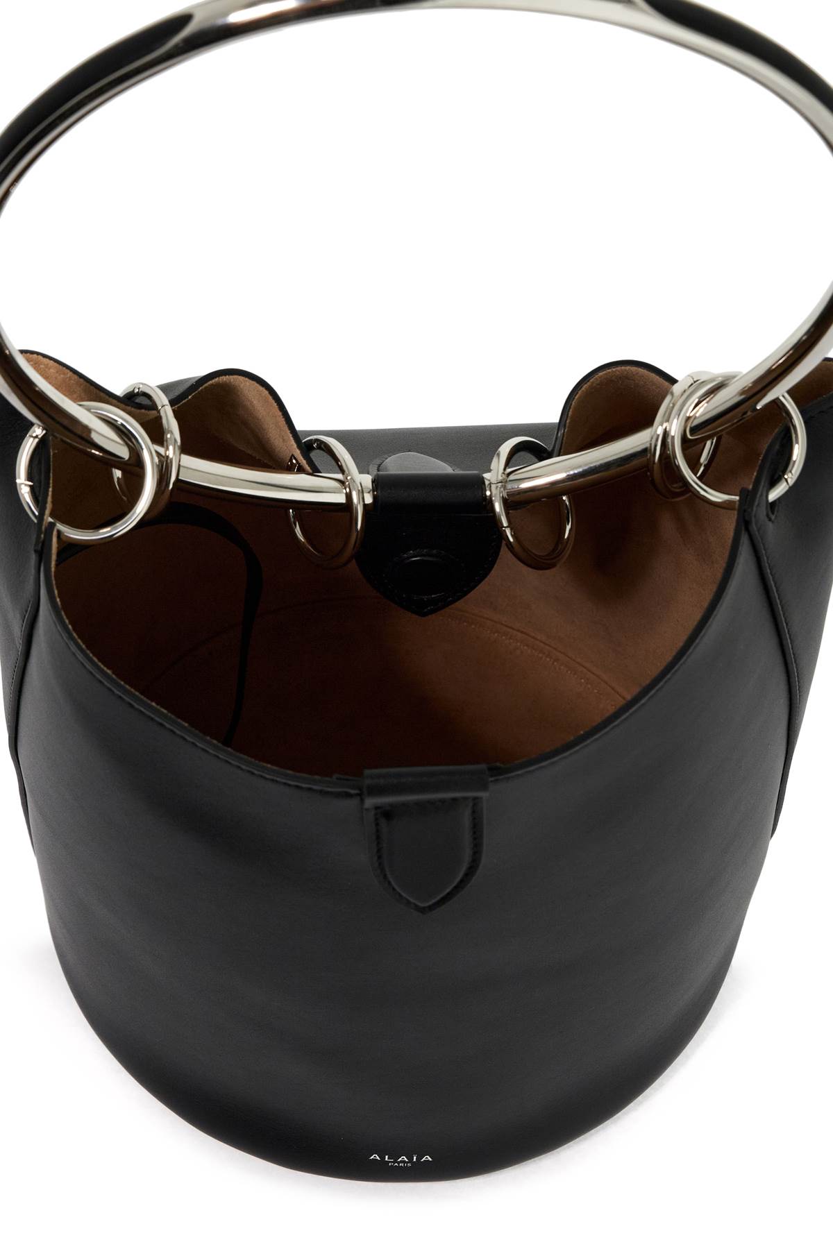 Shop Alaïa Leather Ring Bucket Bag With Lar Design In Black