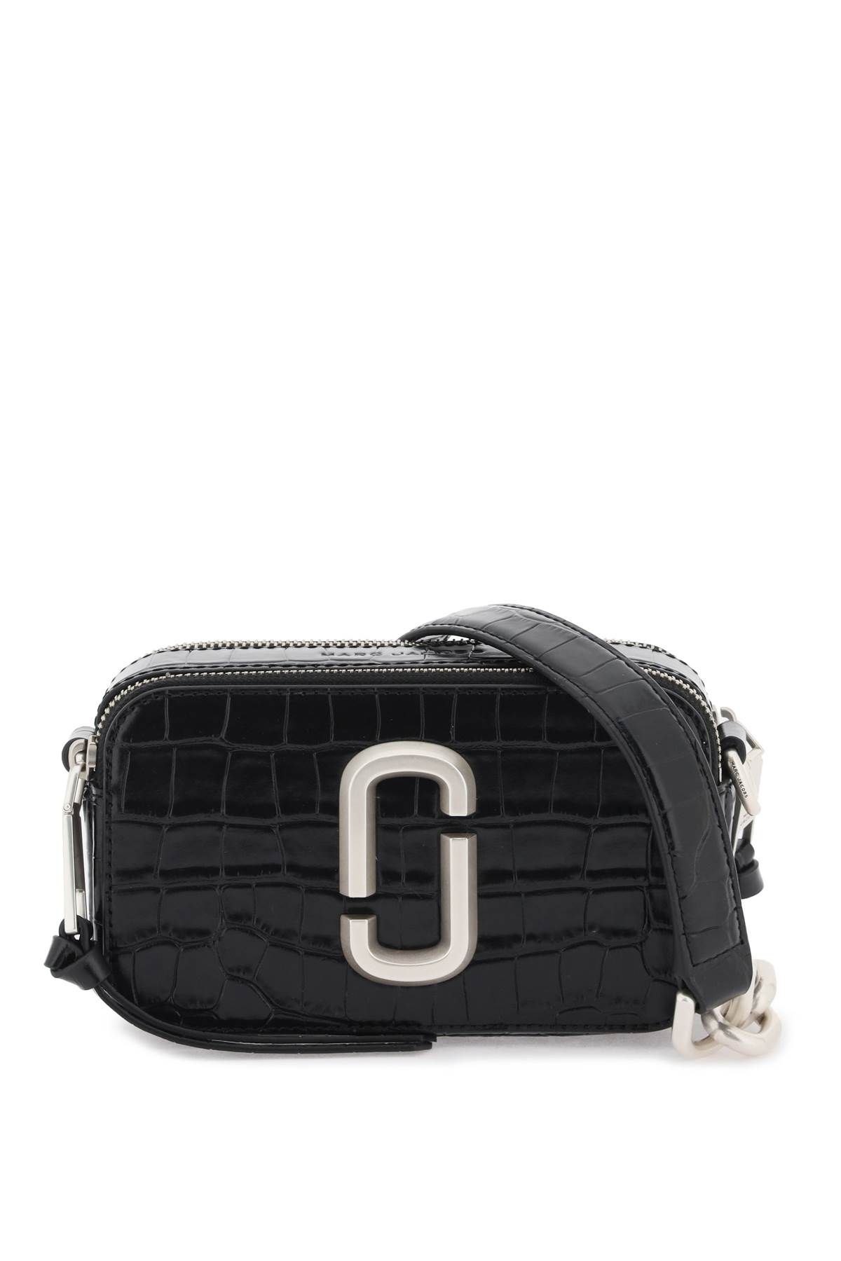 Shop Marc Jacobs The Croc-embossed Shoulder Snapshot Bag In Black