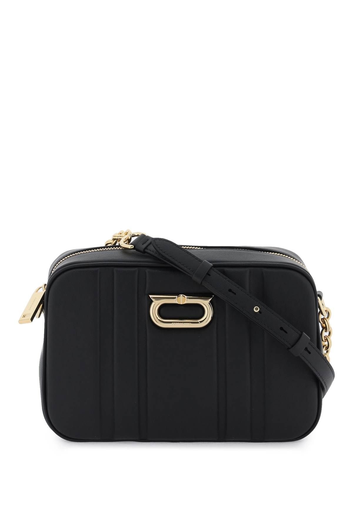 Ferragamo Padded Leather Camera Bag With Embossed Pattern In Black