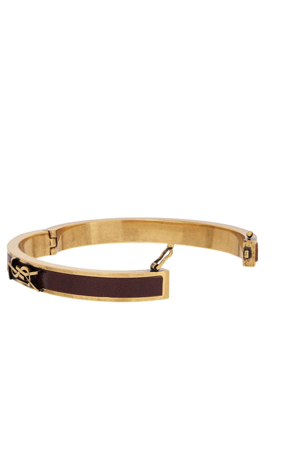 Shop Saint Laurent Rigid Leather And Metal Bracelet In Brown