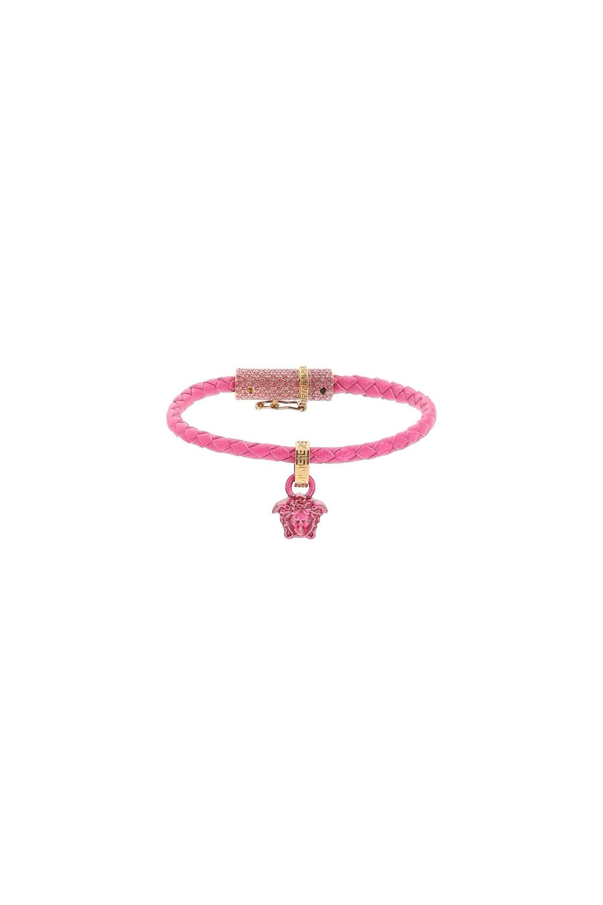 Shop Versace Braided Leather Bracelet In Fuchsia,gold