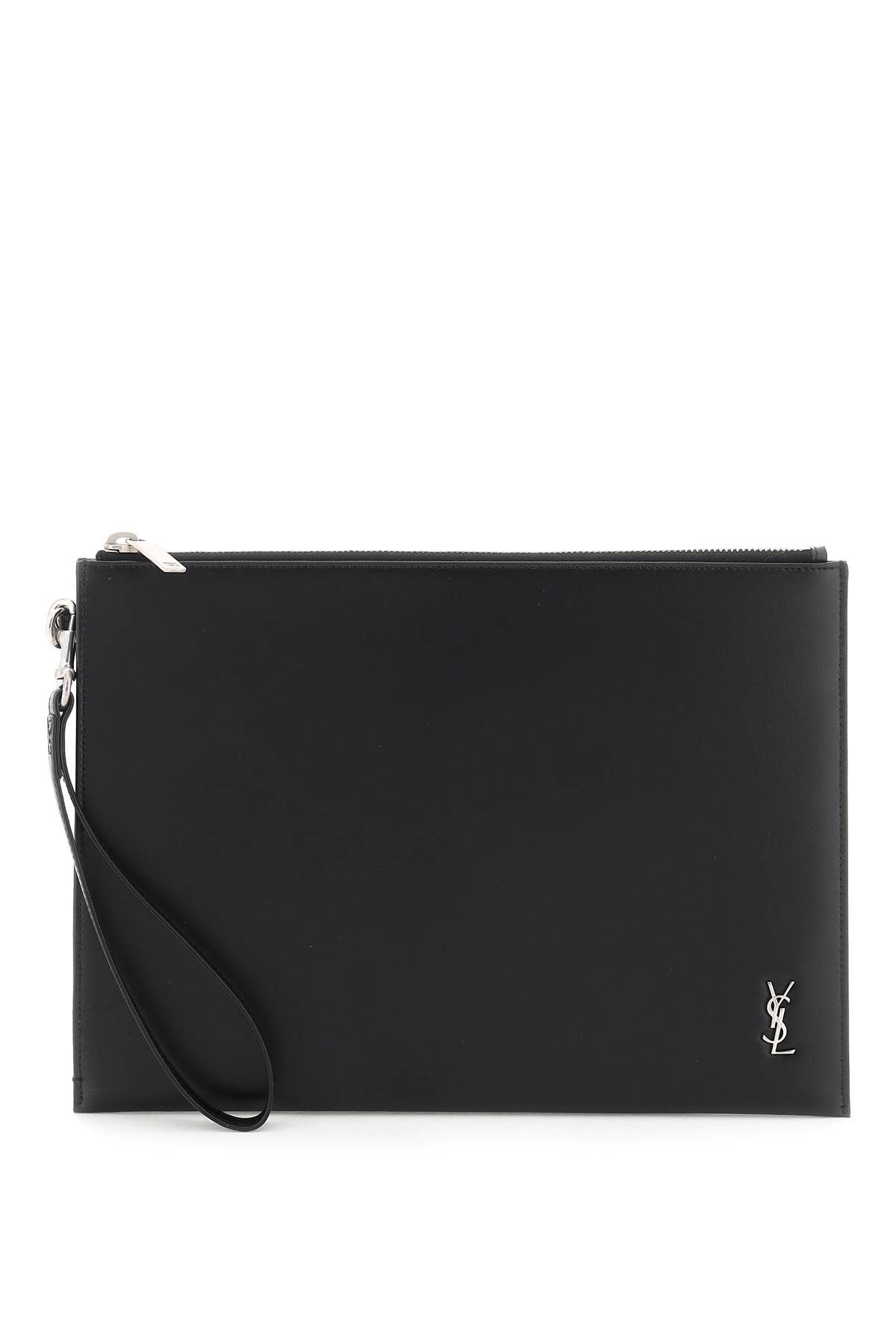 Shop Saint Laurent Leather Tablet Holder In Black