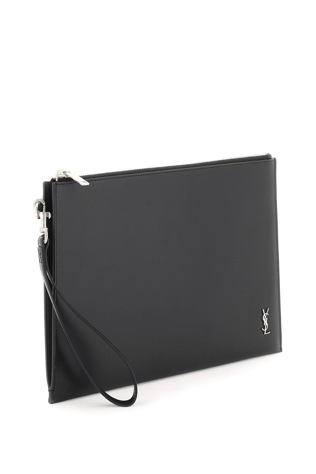 Shop Saint Laurent Leather Tablet Holder In Black