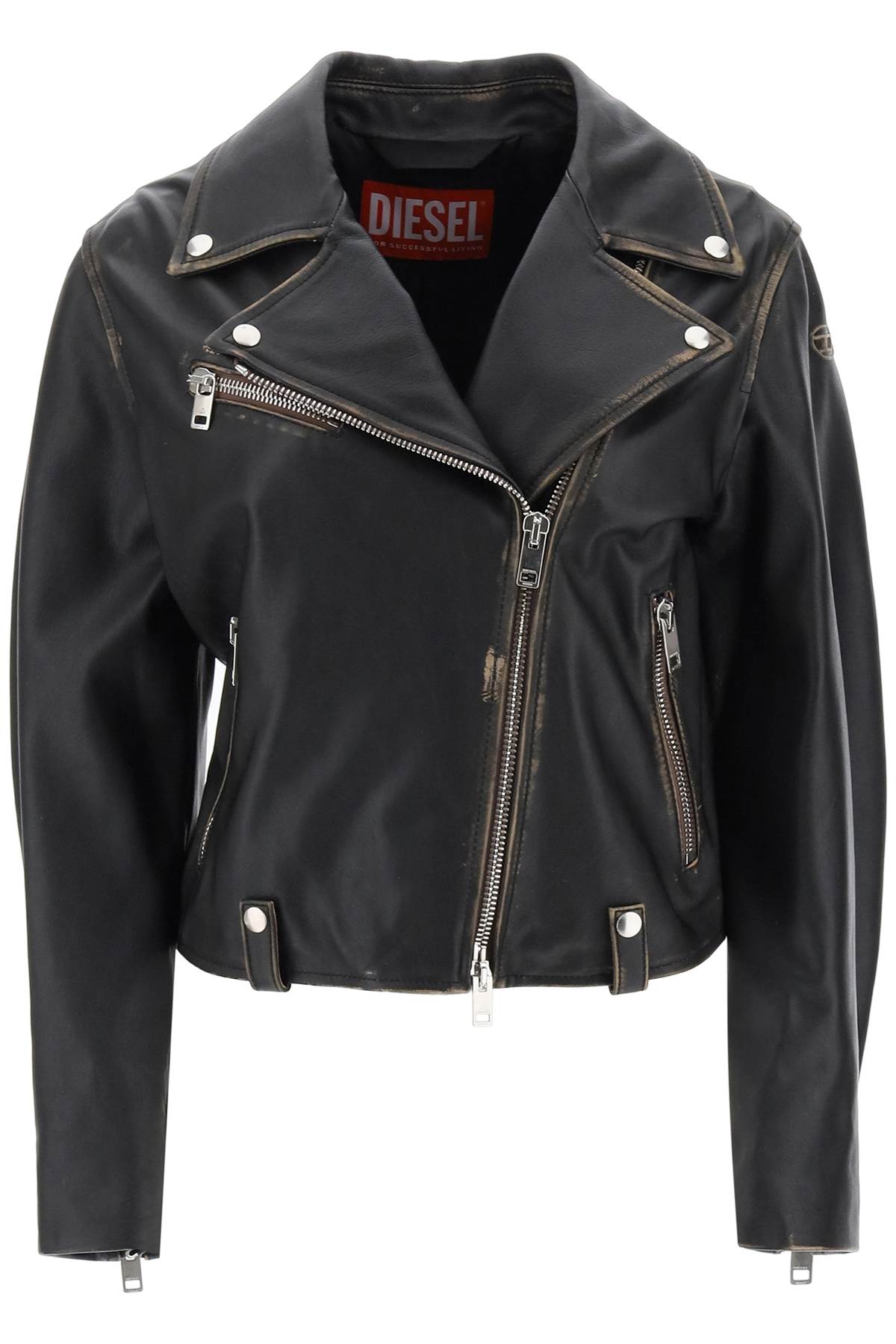 Shop Diesel 'l-edmea' Lamb Leather Biker Jacket In Brown