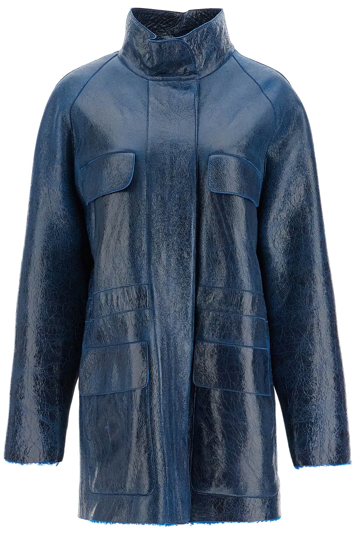 Shop Fendi Midi Leather Coated Coat In In Blue