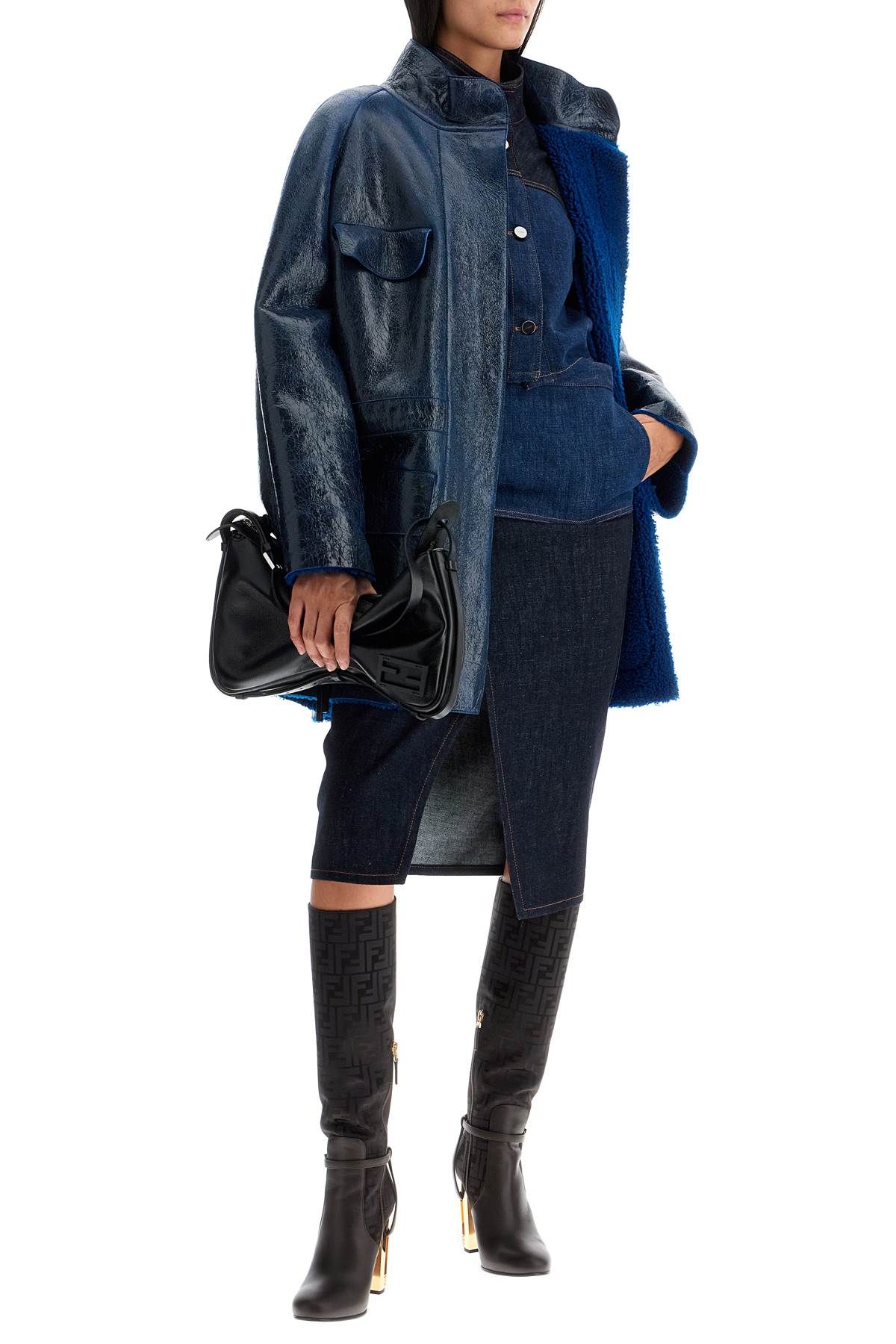 Shop Fendi Midi Leather Coated Coat In In Blue