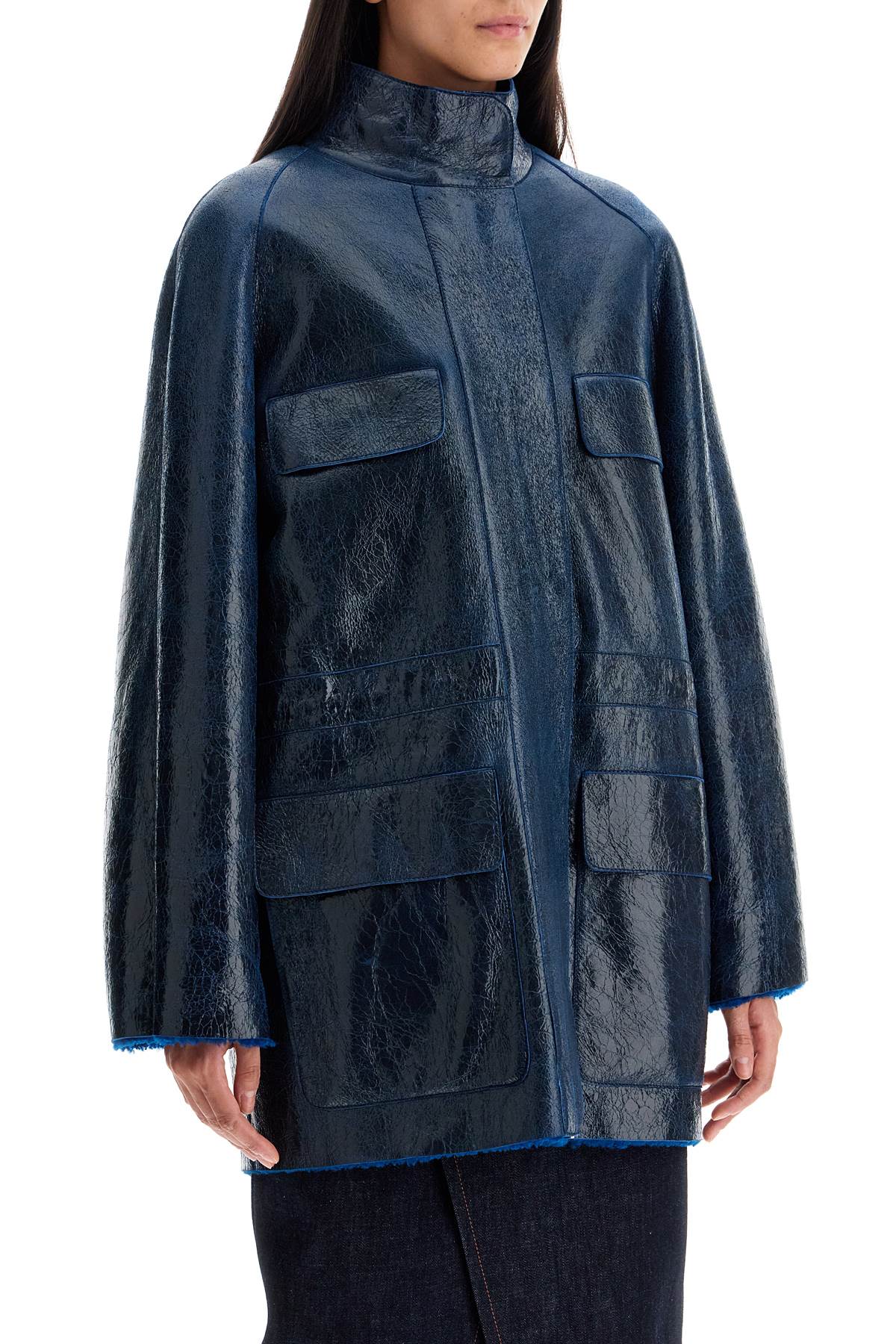 Shop Fendi Midi Leather Coated Coat In In Blue