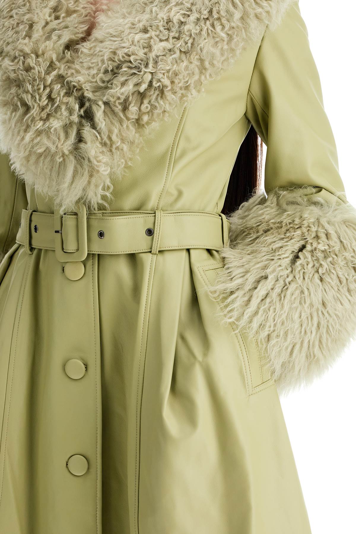 Shop Saks Potts Foxy Leather And Shearling Long Coat In Green