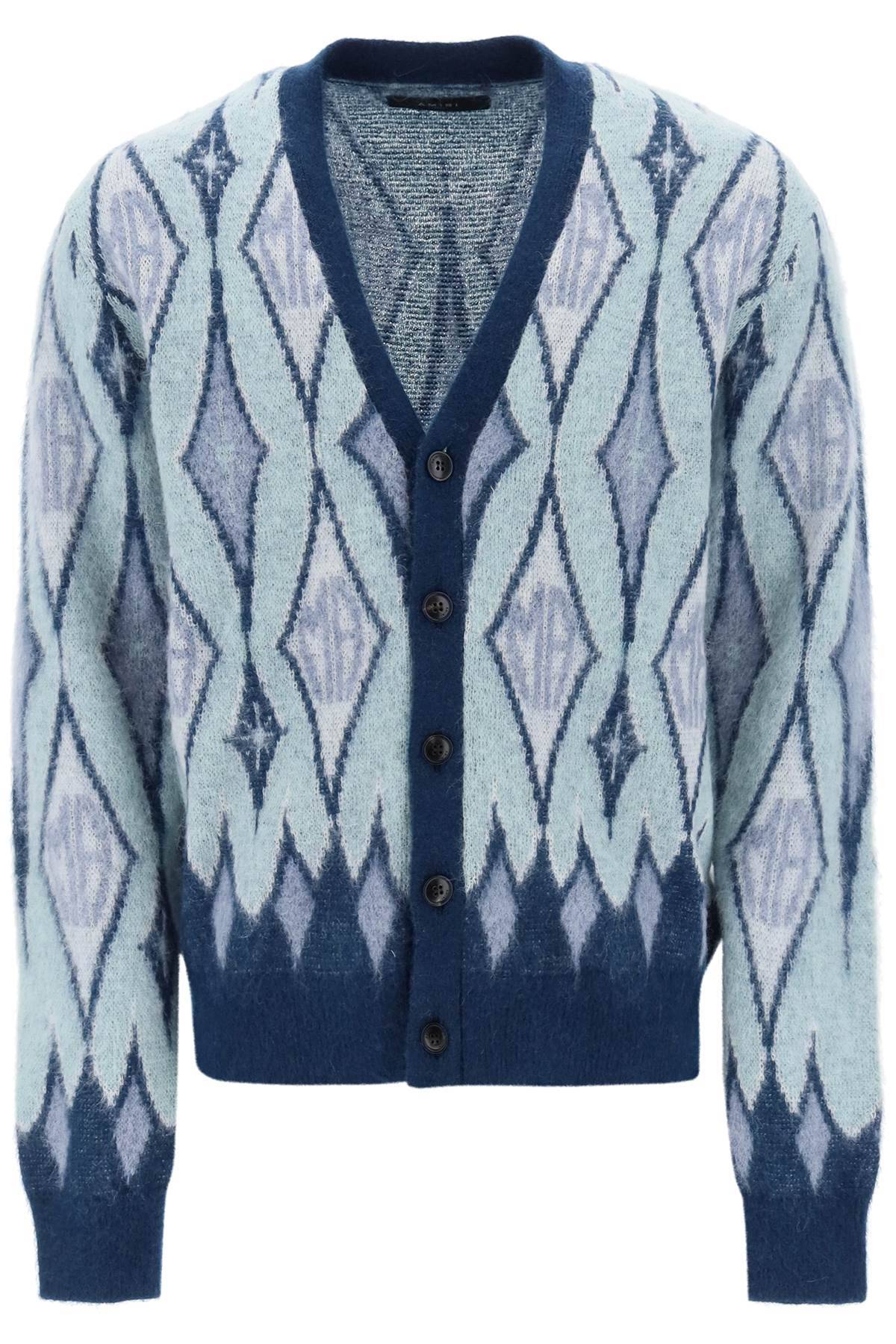 Shop Amiri Argyle Bruhed-yarn Cardigan In Blue,light Blue