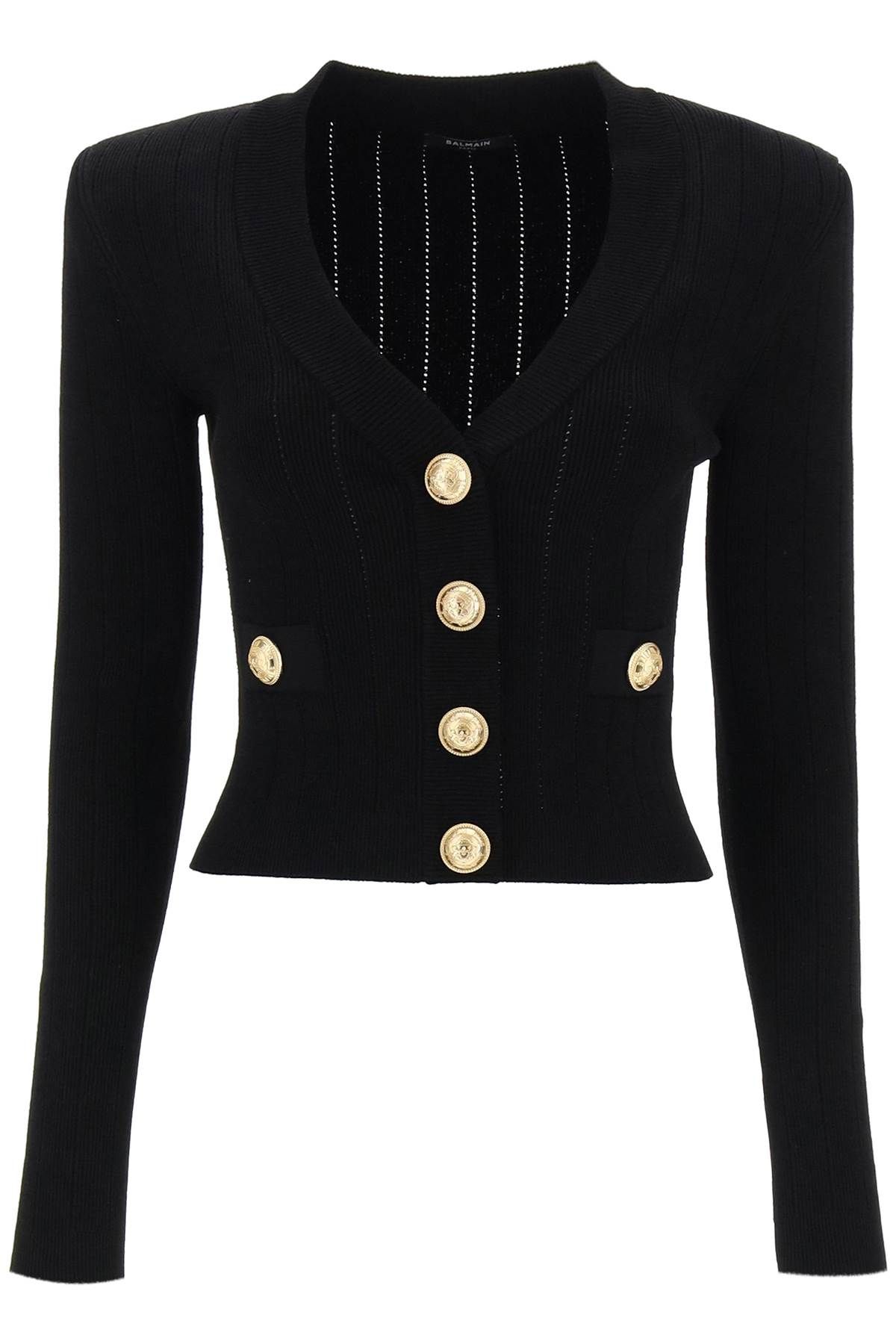Balmain Cardigan With Padded Shoulders And Embossed Buttons In Black