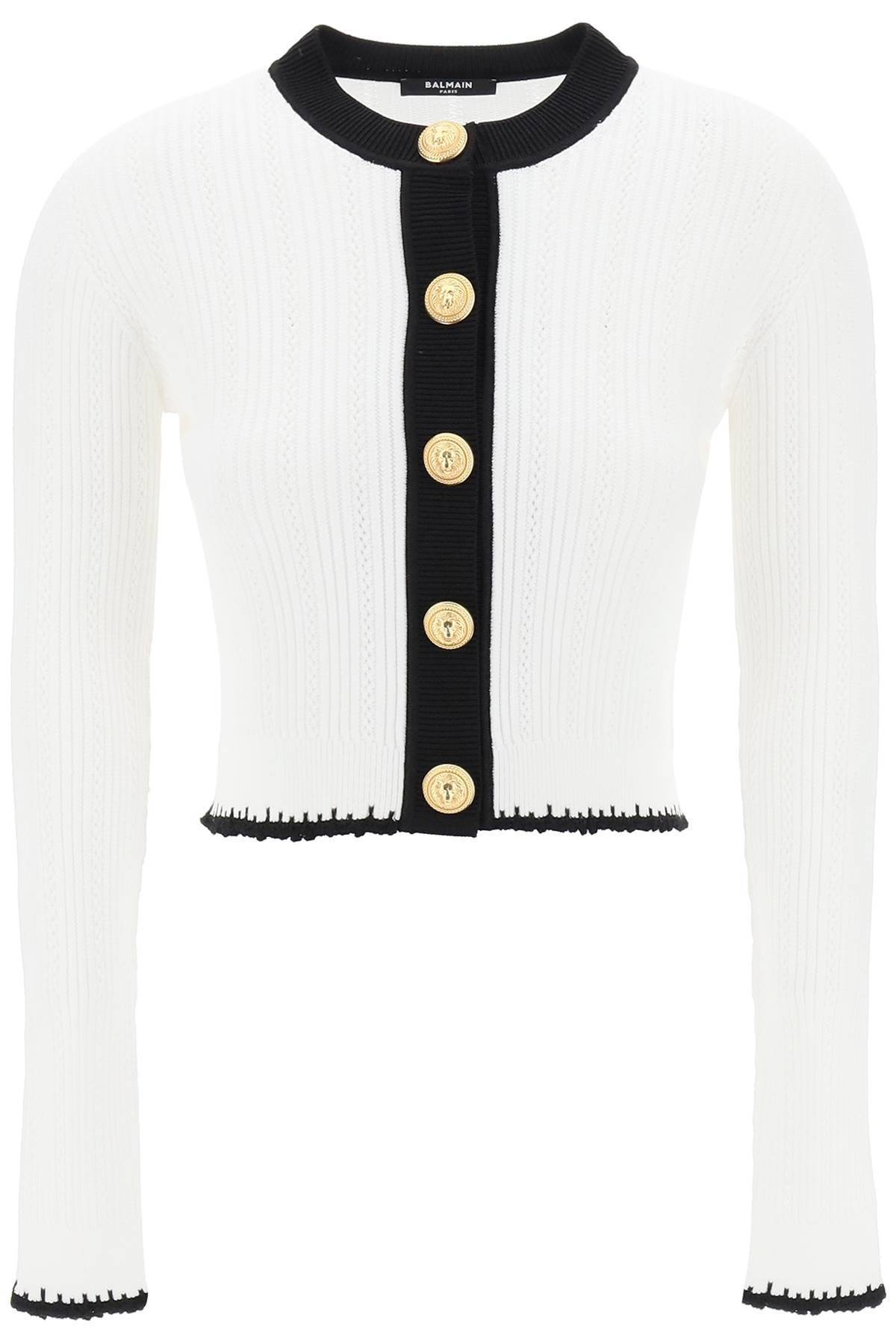 Shop Balmain Bicolor Knit Cardigan With Embossed Buttons In White,black