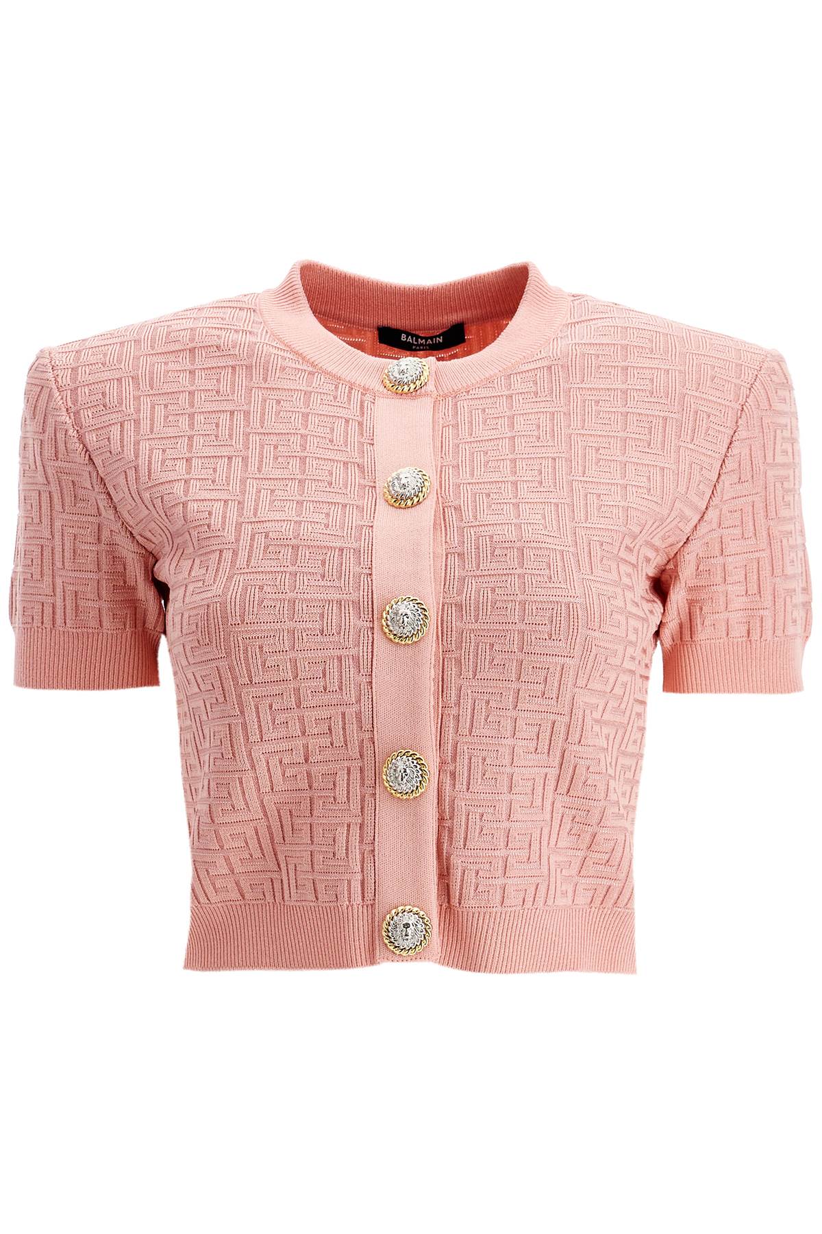Shop Balmain Short Sleeve Monogram Cardigan In Pink