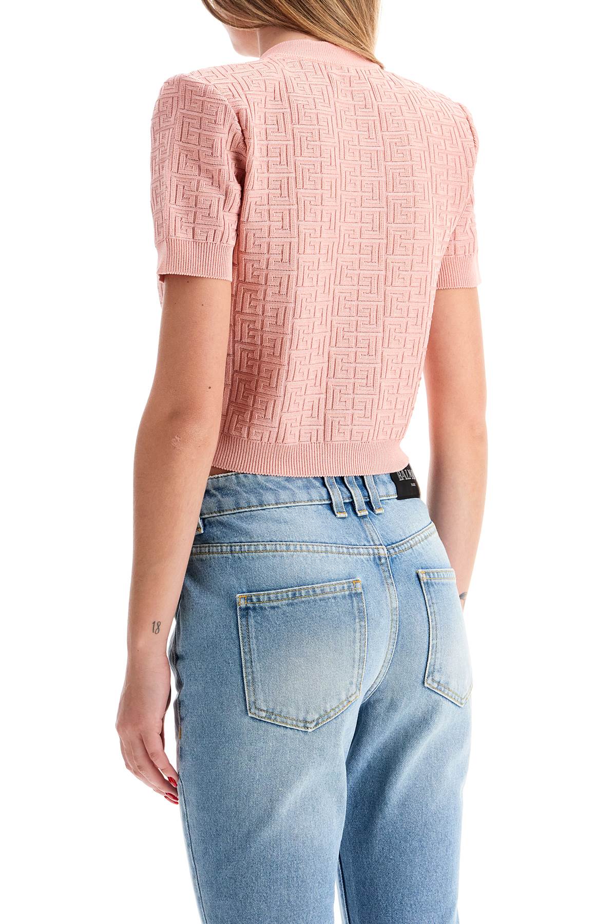 Shop Balmain Short Sleeve Monogram Cardigan In Pink