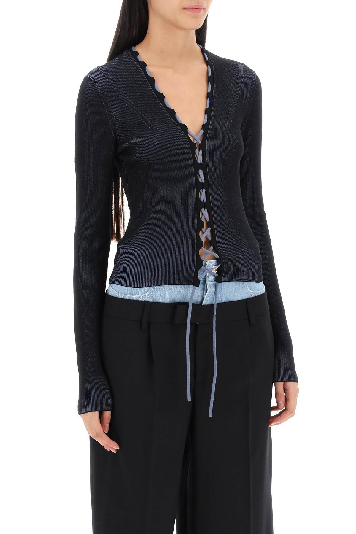 Shop Dion Lee Two-tone Lace-up Cardigan In Black,light Blue