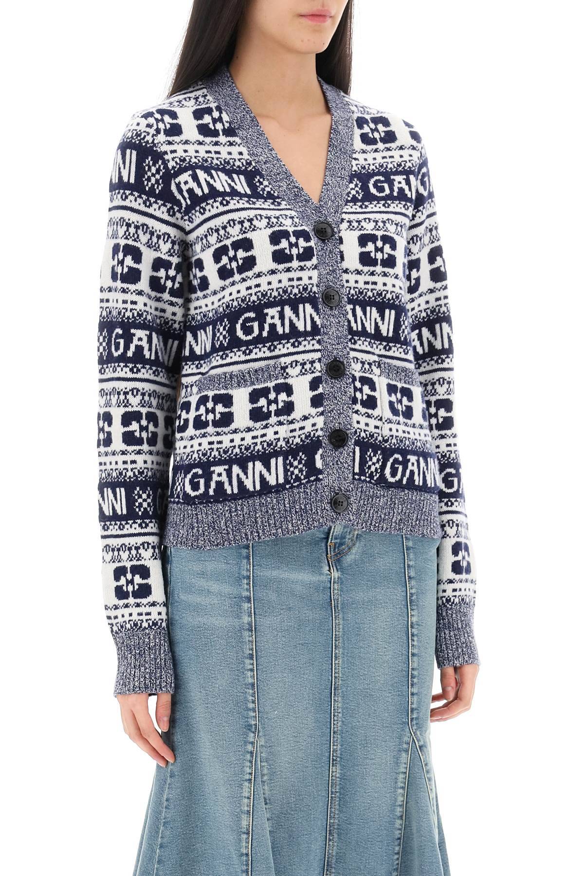 Shop Ganni Jacquard Wool Cardigan With Logo Pattern In White,blue