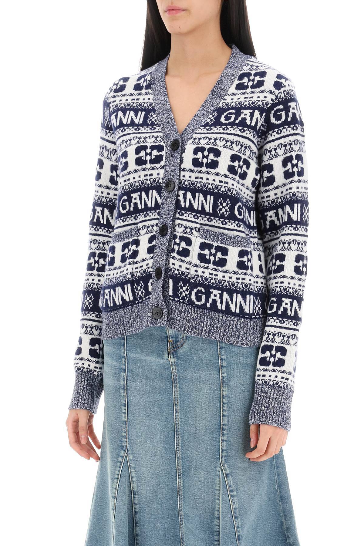 Shop Ganni Jacquard Wool Cardigan With Logo Pattern In White,blue