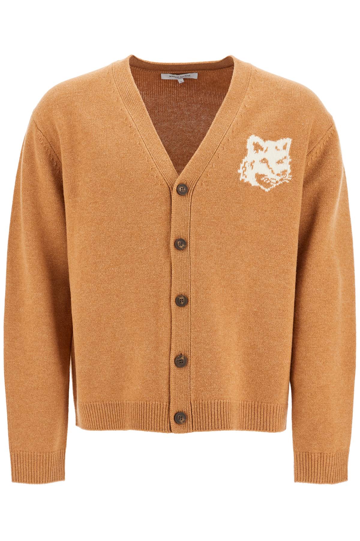 Shop Maison Kitsuné "fox Head Wool Cardigan With In Beige