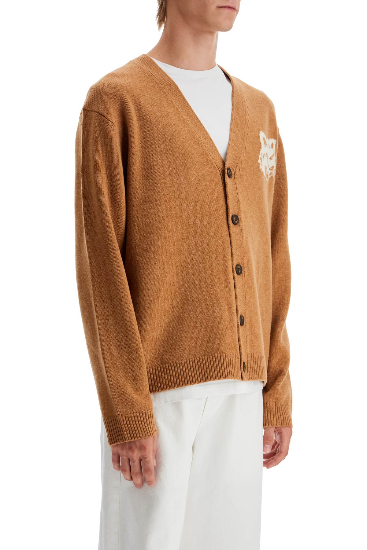 Shop Maison Kitsuné "fox Head Wool Cardigan With In Beige