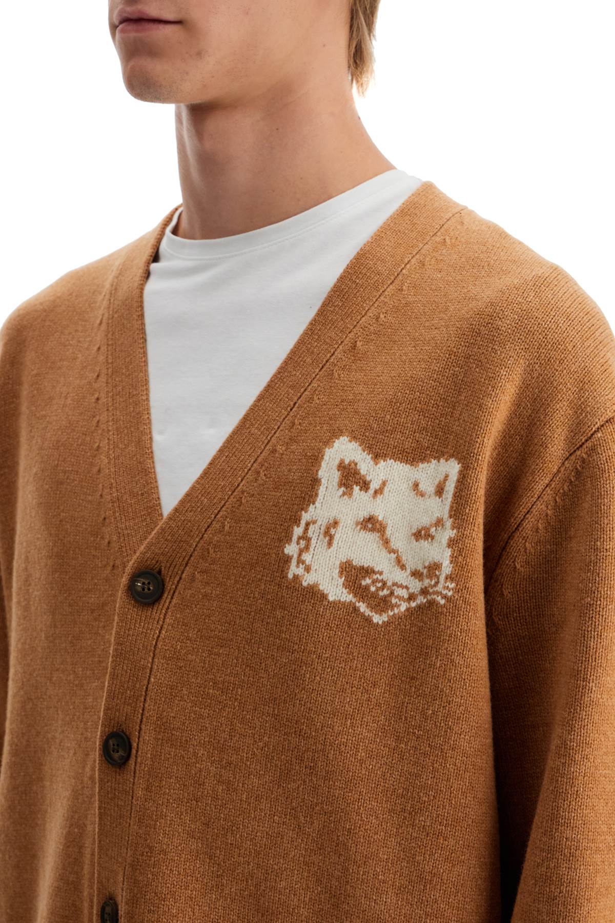 Shop Maison Kitsuné "fox Head Wool Cardigan With In Beige