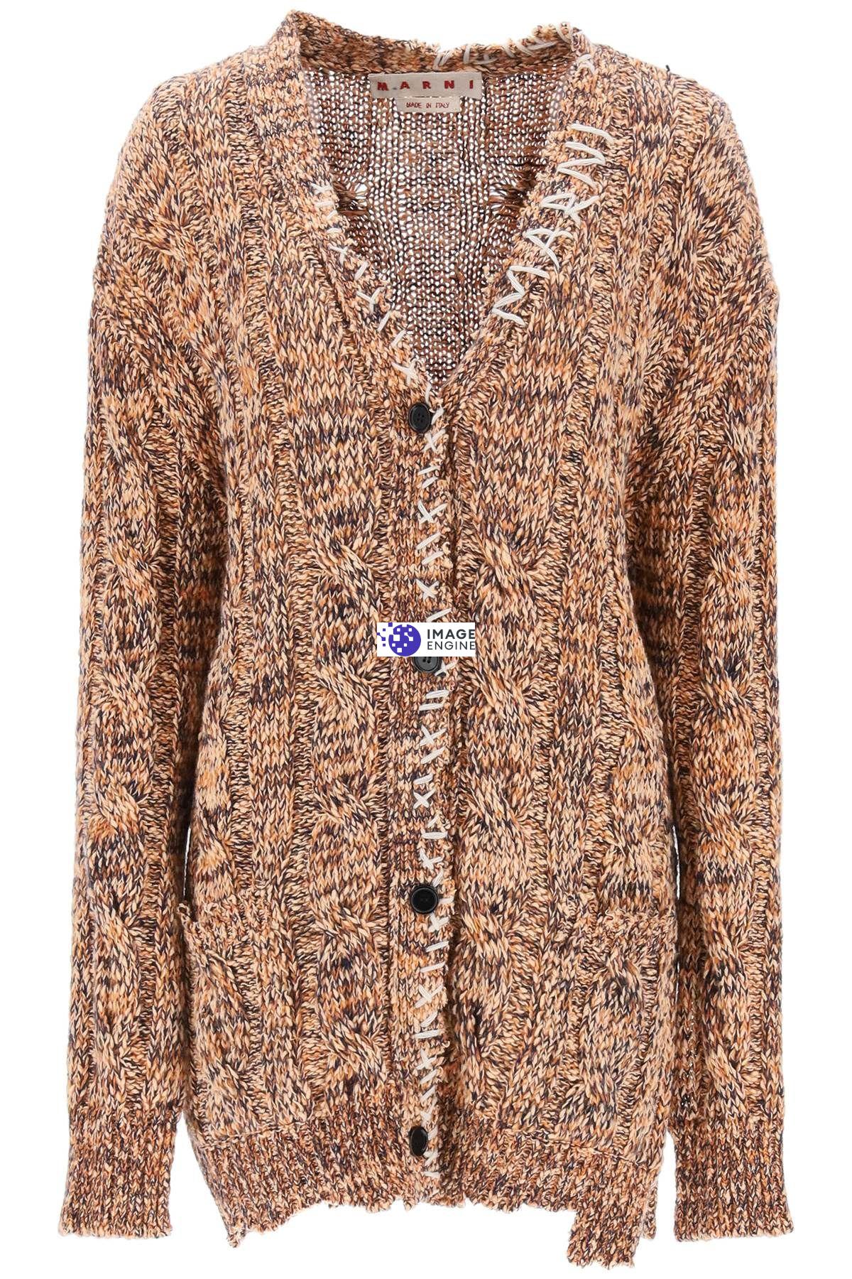 Marni Decorative-stitch Chunky Cable-knit Cardigan In Orange,blue