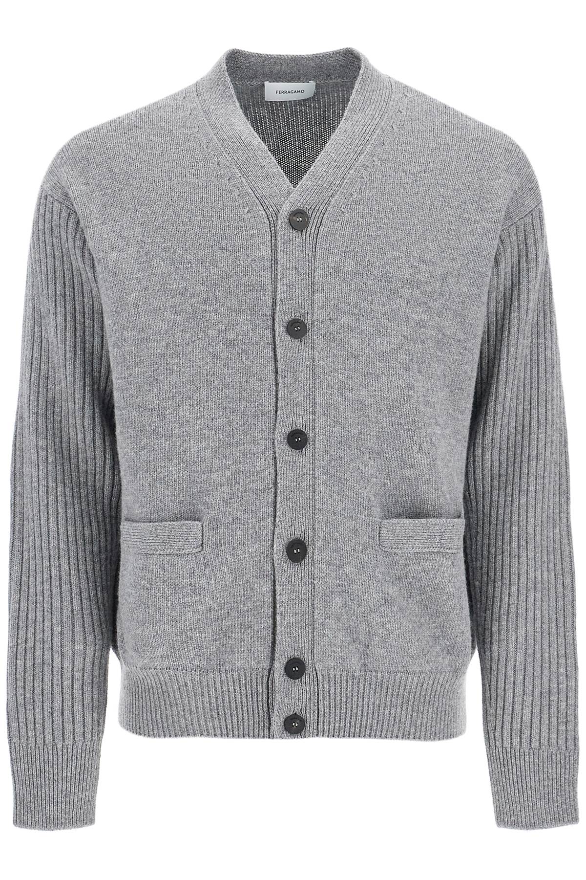 Shop Ferragamo Wool Cardigan With Patches In Grey