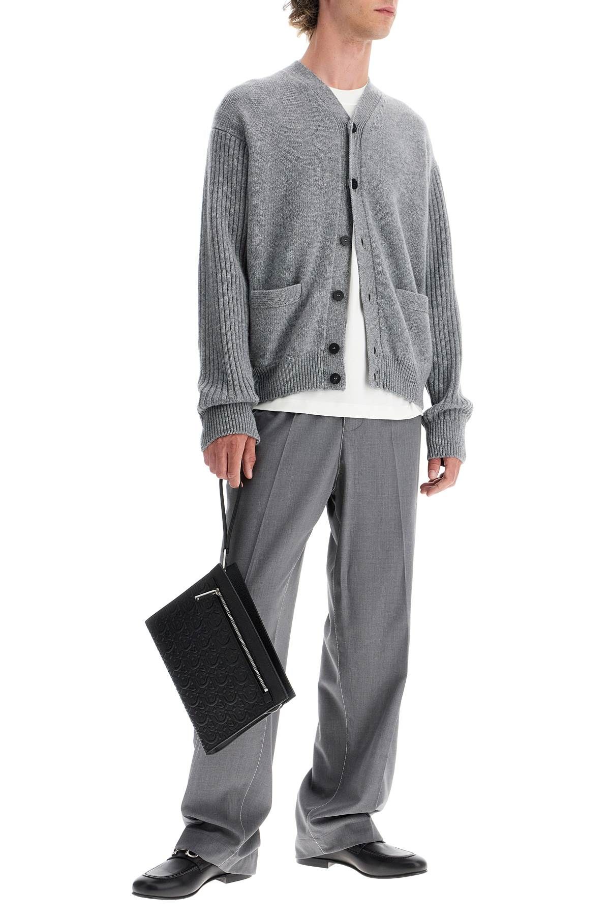 Shop Ferragamo Wool Cardigan With Patches In Grey