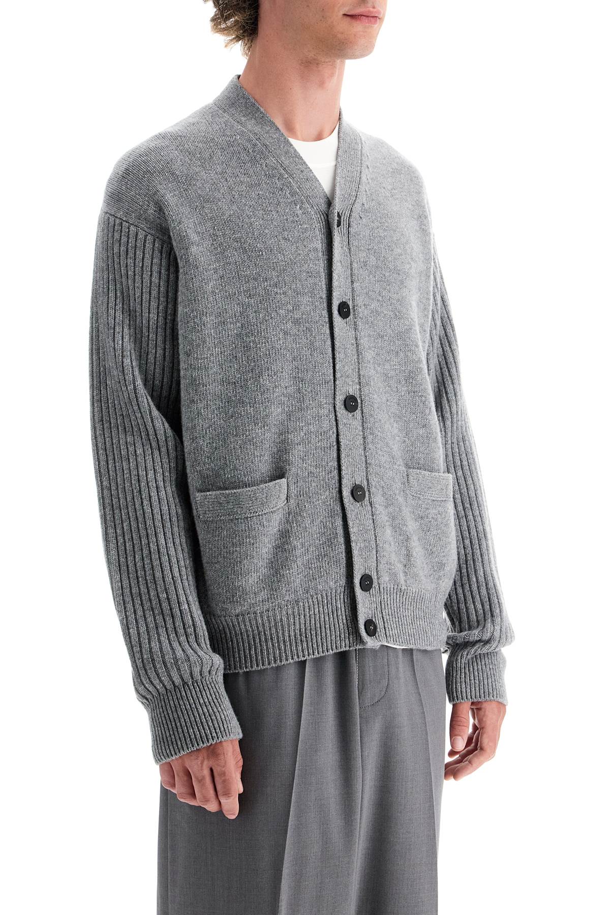 Shop Ferragamo Wool Cardigan With Patches In Grey