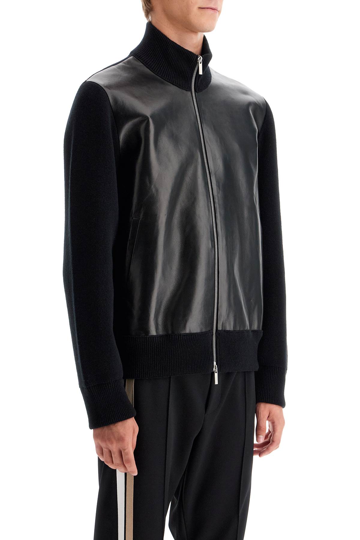 Shop Ferragamo Wool And Leather Cardigan In Black